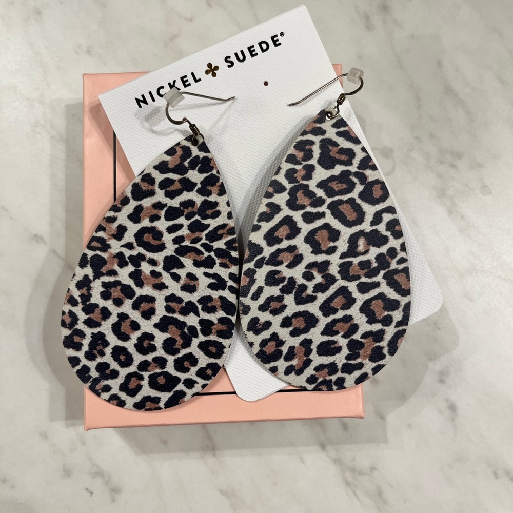 Nickel & Suede Large Snow Leopard Teardrop Earrings
